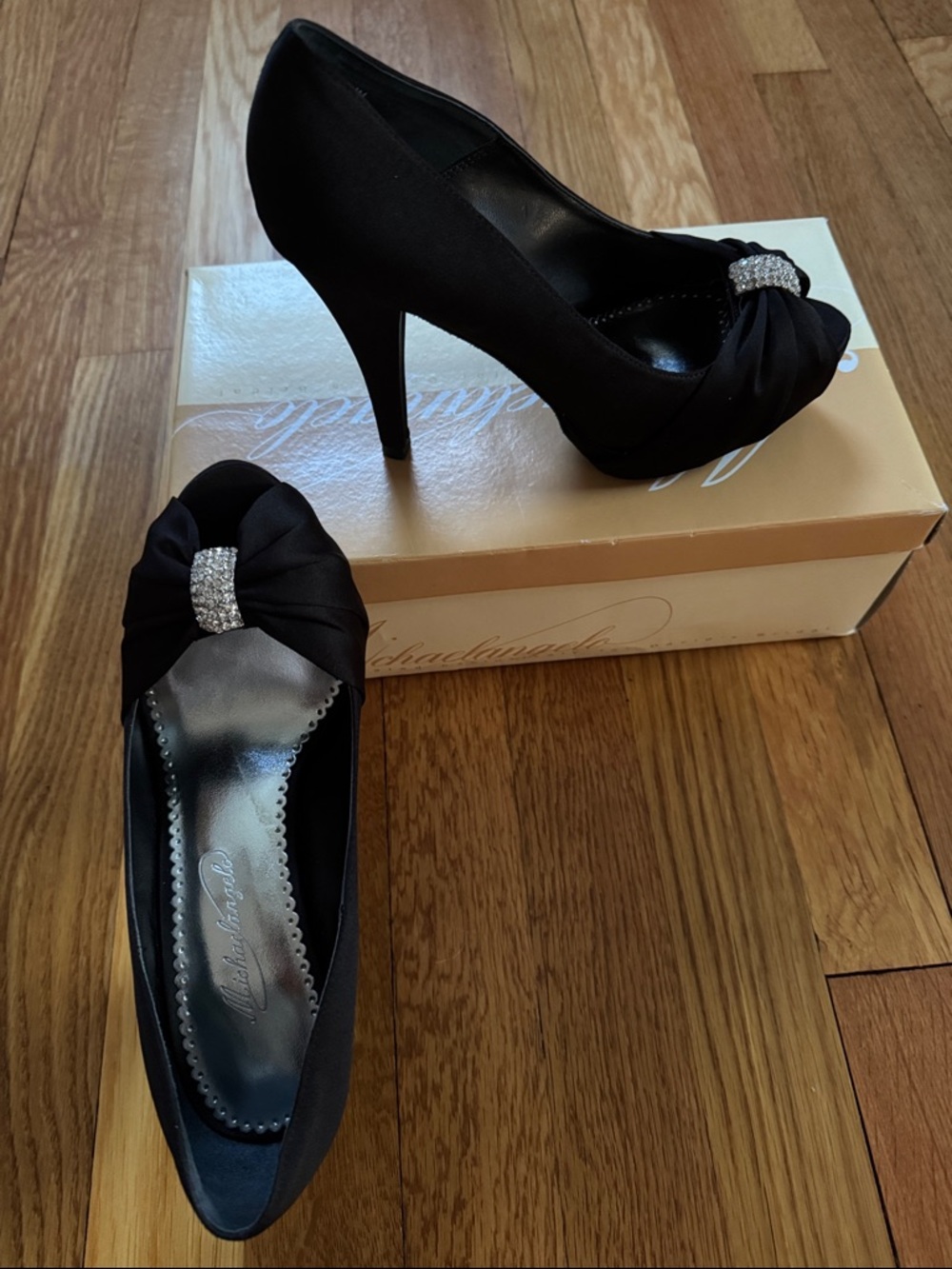 Michaelangelo Black Satin Peep-Toe Heels with Rhinestone Accent